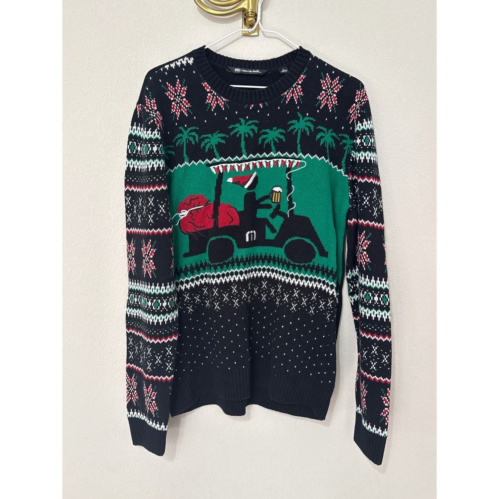 Travis Mathew Holiday Golf Sweater Mens L Black Santa Golf Cart Fair Isle